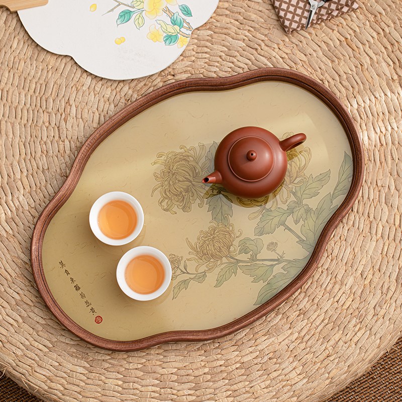 中式海棠花玻璃茶托盘复古竹制茶盘简约家用茶室水果点心盘收纳盘