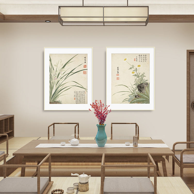 餐厅装饰画卧室床头花卉国画定制新中式走廊过道挂画背景墙壁画图片