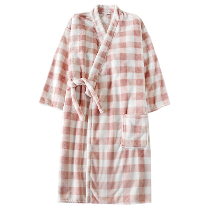 格子日系珊瑚绒睡袍女士秋冬季法兰绒加厚保暖加绒浴袍家居服睡衣