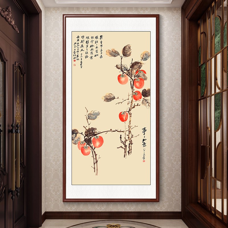 齐白石葫芦画入户玄关装饰画五福临门挂画客厅走廊过道竖版壁画
