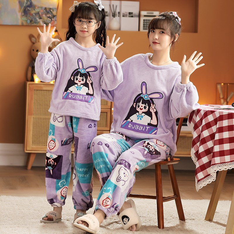 亲子睡衣冬季珊瑚绒家居服母女装秋冬加绒加厚圆领儿童法兰绒套装