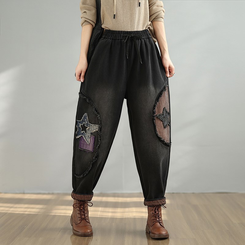 冬季新款文艺复古加绒牛仔裤女大码宽松显瘦黑色加厚哈伦老爹裤子