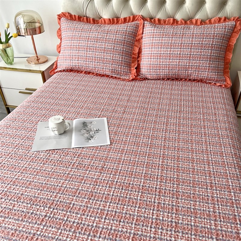 色织水洗棉床盖三件套加厚夹棉格子四件套全棉防滑床罩四季通用