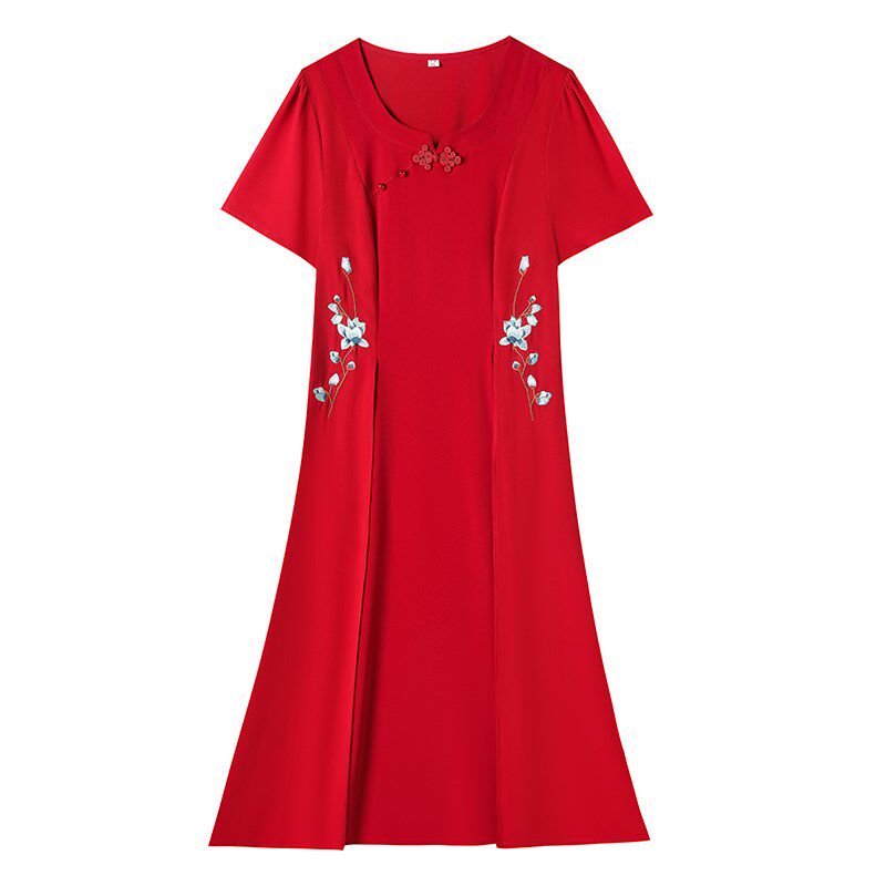 妈妈连衣裙夏装新款高端改良旗袍时尚大码宽松雪纺绣花中长款裙子