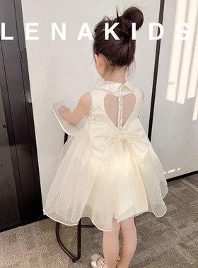 女童洋气时髦蝴蝶结爱心连衣裙2024夏季新款小女孩无袖网纱公主裙