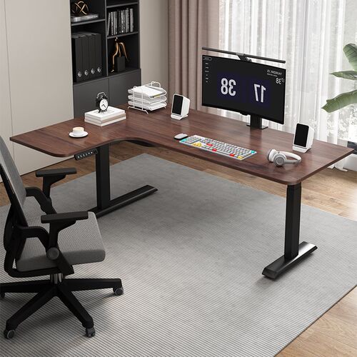 转角电动升降桌实木家用办公桌学习书桌L型工作台拐角升降电脑桌