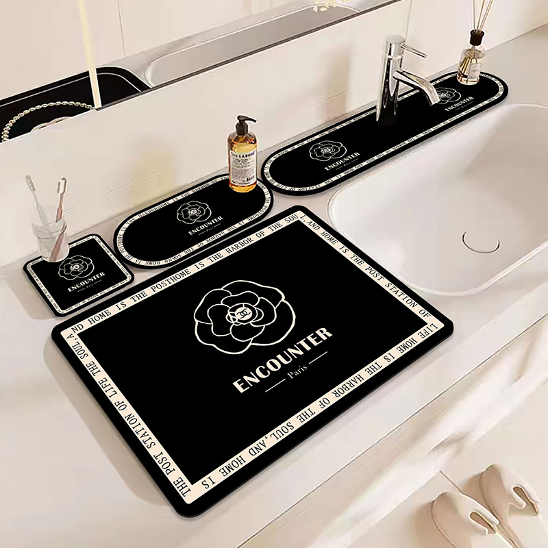黑白玫瑰通用矽藻泥厨房吸水沥水垫双面防滑家用水吧控水桌面茶垫