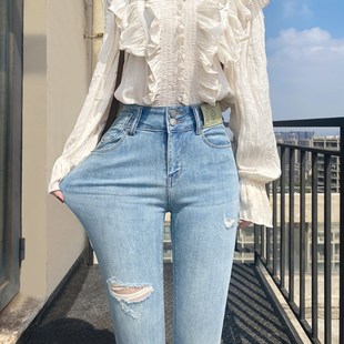 超薄款~浅色破洞牛仔裤女夏季薄款高腰显瘦小个子紧身九分小脚裤