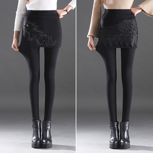 秋冬女士外穿假两件加绒打底裤裙裤弹力大码保暖加厚带裙子连裤裙