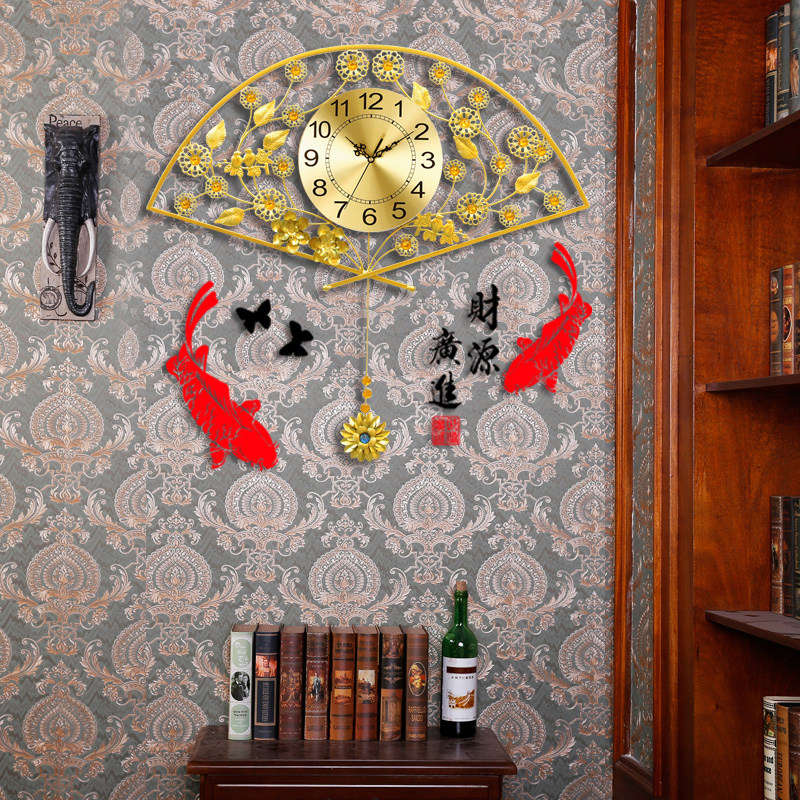 中国风扇形中式钟表挂钟客厅静音卧室创意个性大气石英时尚钟家用