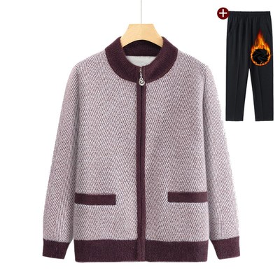冬装2024新款奶奶加绒毛衣中老年人外套女针织衫加厚妈妈保暖衣服