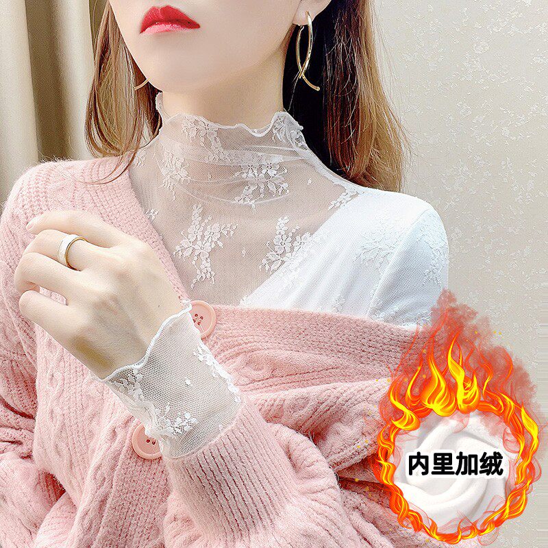 高领蕾丝打底衫女加绒秋冬洋气厚款小衫毛衣内搭纱衣白色网纱上衣