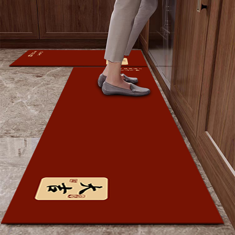 新款红色硅藻泥厨房地垫防油可擦免洗地毯吸水吸油耐脏防滑脚垫子