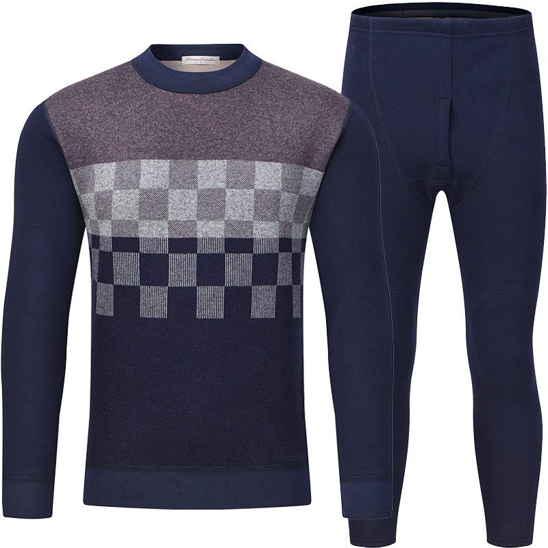 爸爸保暖内衣男款加绒加厚大码中老年防寒保暖衣套装中领长袖冬季