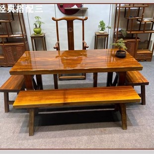 奥坎实木大板茶桌椅组合套装会议桌定制餐桌长桌面原木整板无拼接