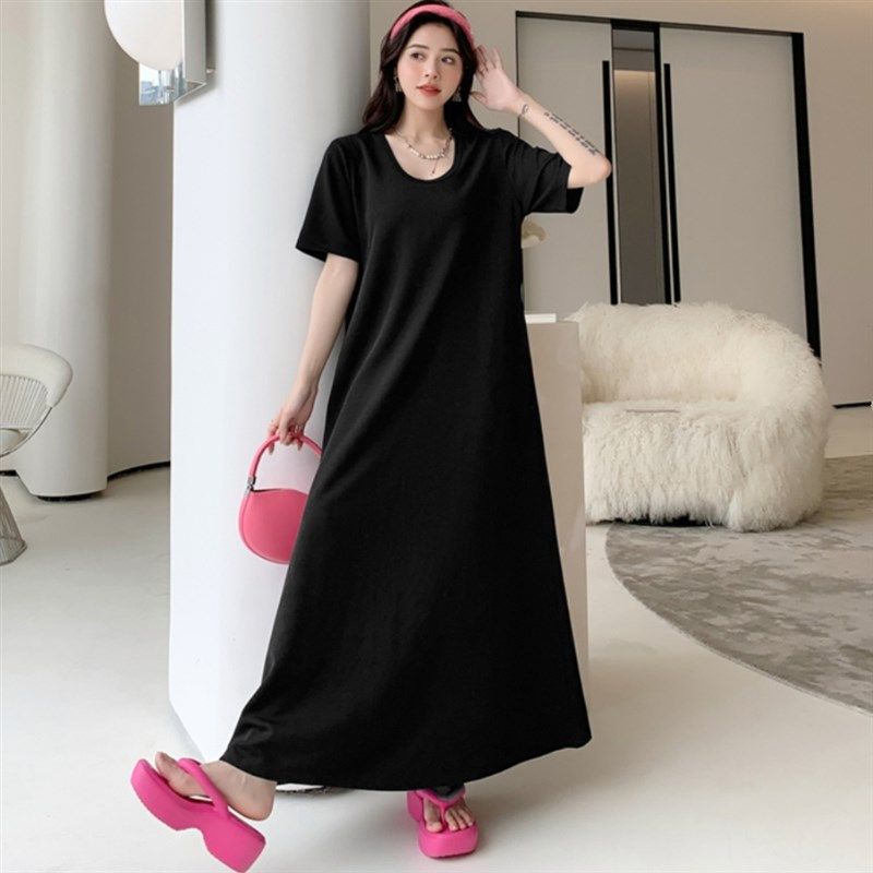 法式U领短袖连衣裙女2025夏季新款大码气质高级感显瘦大摆超长裙,女装/女士精品,连衣裙,淘宝优惠券,粉丝福利购,淘宝优惠卷