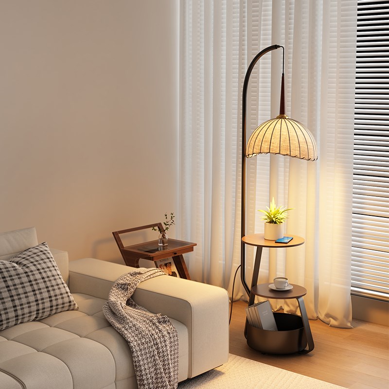 法式落地灯客厅卧室沙发置物架中古复古侘寂风氛围床头柜台灯一体