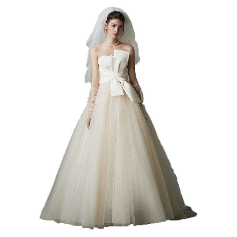 2024新款简约轻婚纱孕妇高腰显瘦蝴蝶结齐地出门纱缎面婚纱大码仙