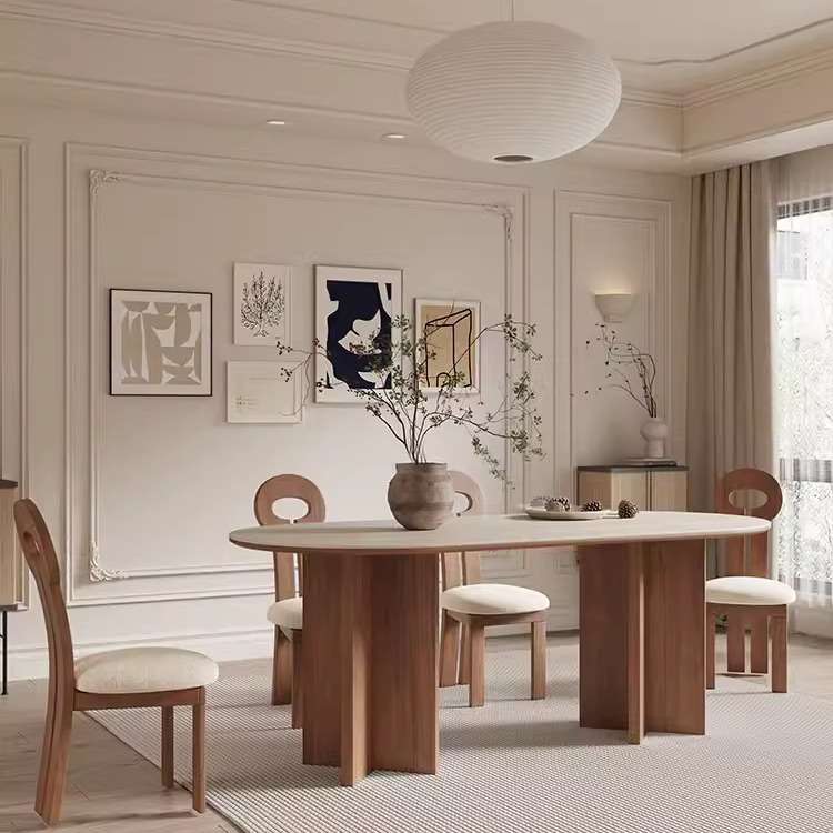 法式风实木岩板餐桌椅组合中古风家庭长方形饭桌设计师洞石白蜡木