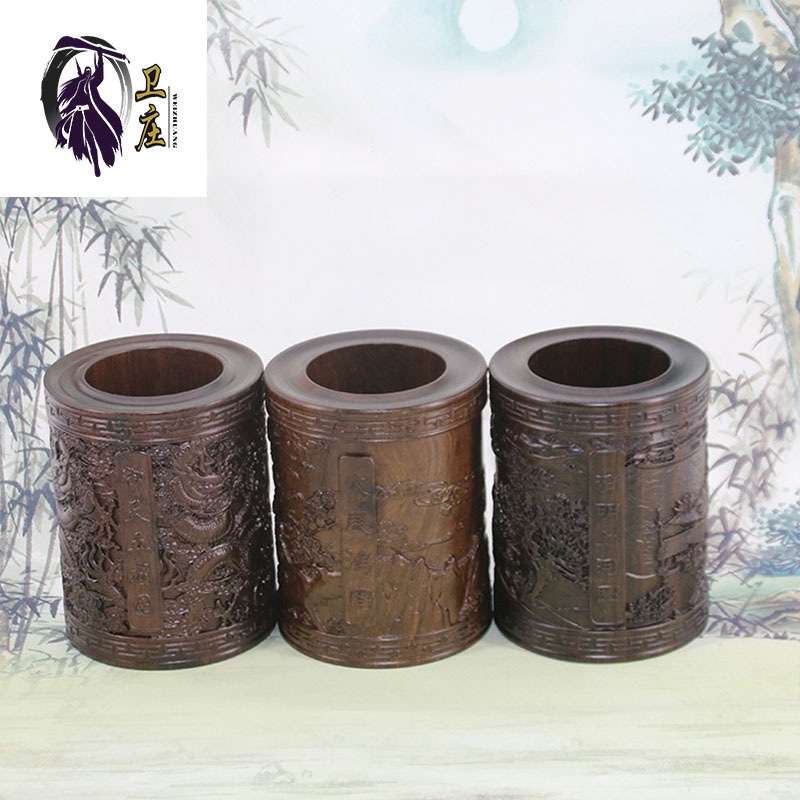 复古笔筒木头雕刻工艺品摆件黑梓木书法圆形笔筒办公用品收纳