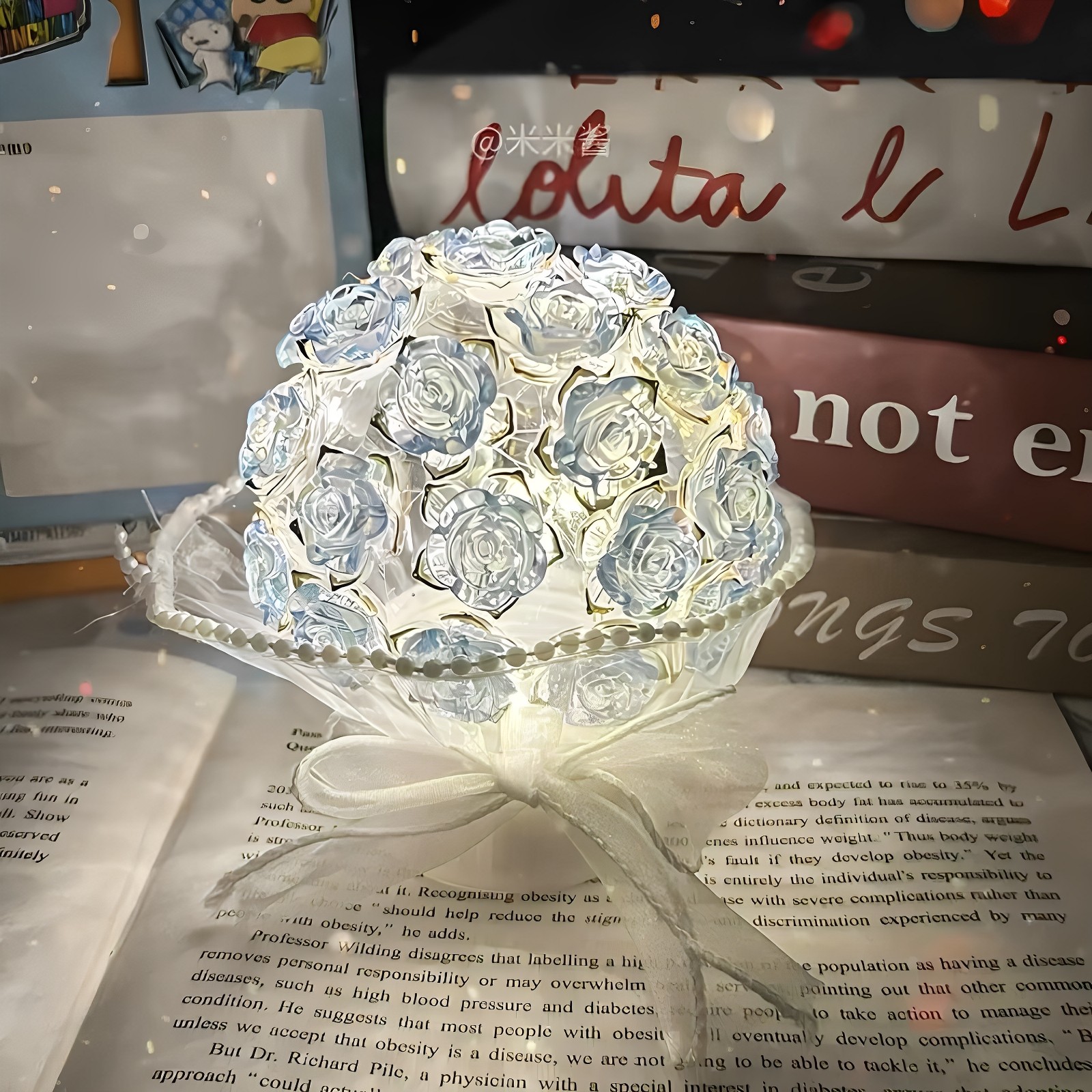 碎冰蓝玫瑰花小夜灯手工diy材料