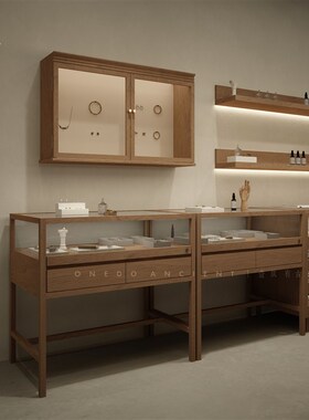 样品玻璃展示柜水曲柳实木咖色带抽屉台桌L商场卖场柜台陈列柜复