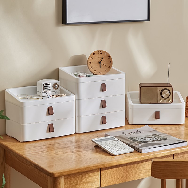 桌面抽屉式化妆品收纳盒可叠加多层文具杂物O储物盒家用防尘置物