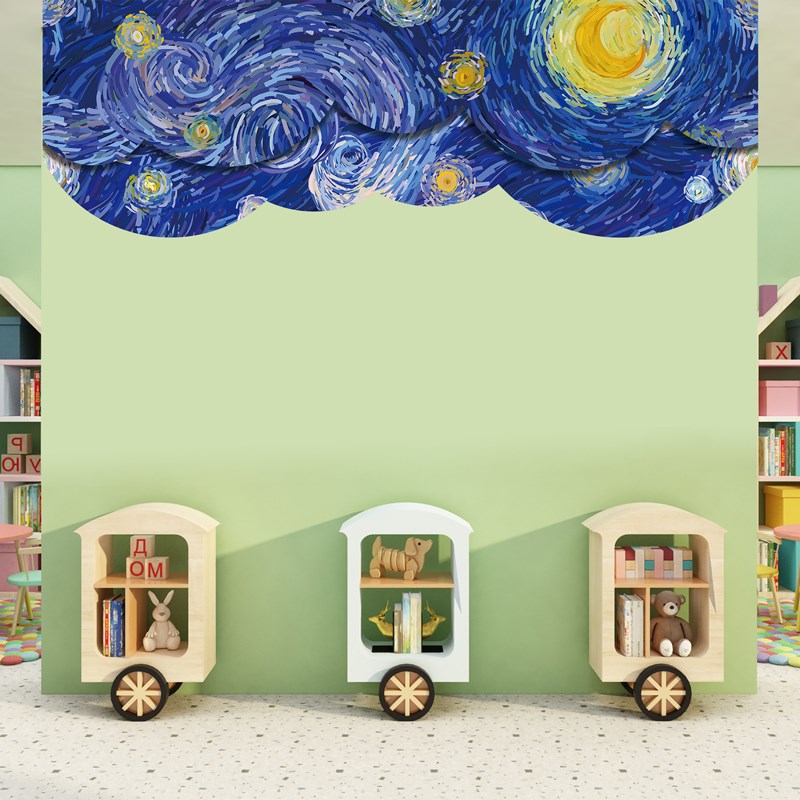 幼儿园梵高星空主题环创蓝色星辰教室走廊油画装饰画门.头吊饰墙图片
