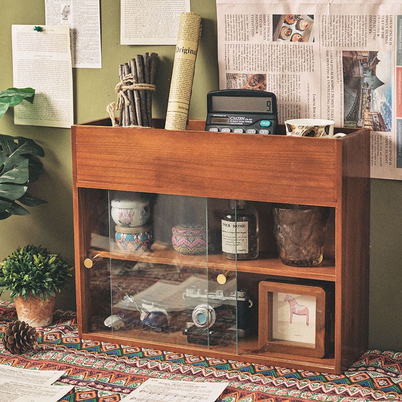茶具水杯展示f柜化妆品桌面收纳盒复古实木推拉防尘桌上木质整理,收纳整理,桌面收纳盒,淘宝优惠券,粉丝福利购,淘宝优惠卷