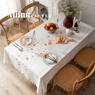 法式复古ins桌布棉麻绣花流苏餐长桌布W台布茶几文艺