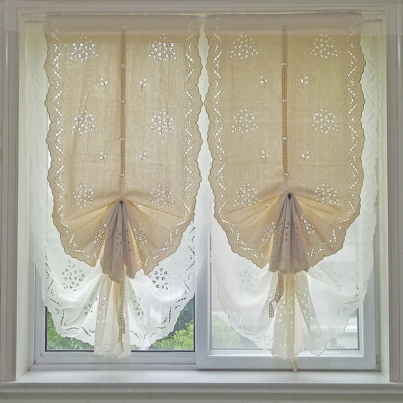 成品气球帘提拉帘k纱镂空美式棉麻遮光卧室升降小窗帘免打孔可粘