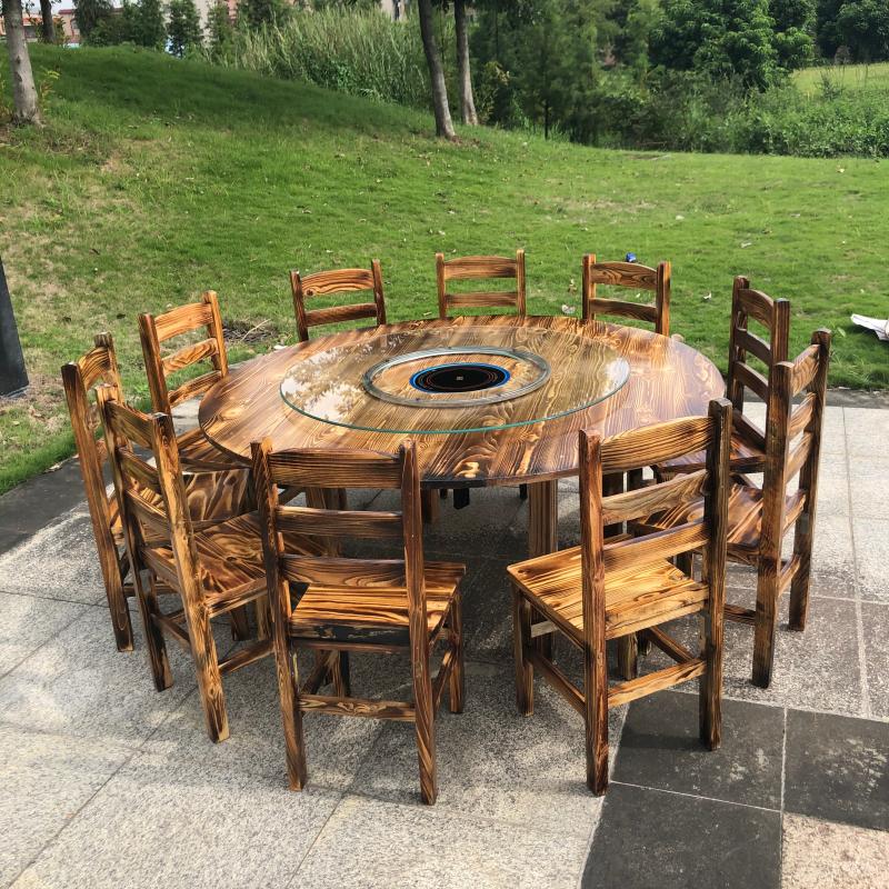 农家乐桌椅组合大排档圆形火锅桌电E磁炉一体饭店餐馆实木餐桌商