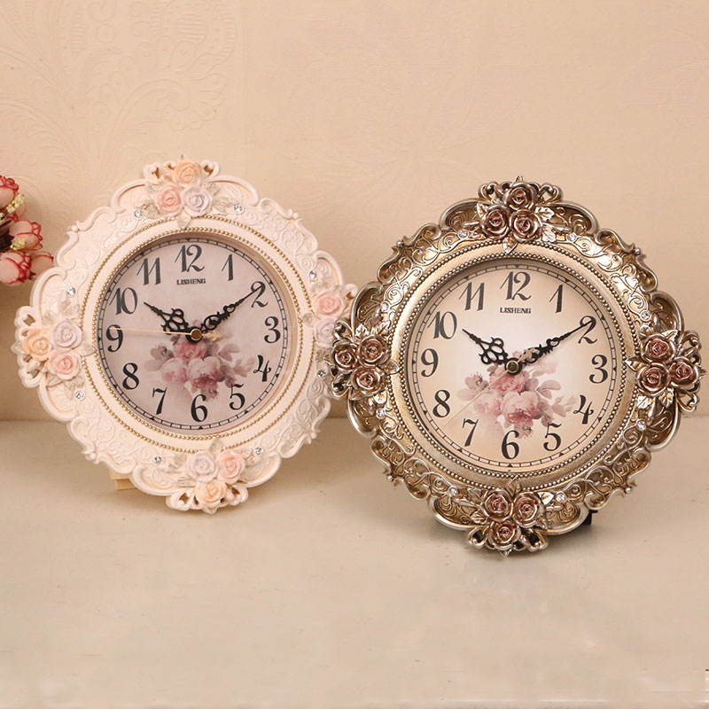 欧式玫瑰座钟 静音时尚钟表 美式田园创意N客厅书房卧室台钟摆件