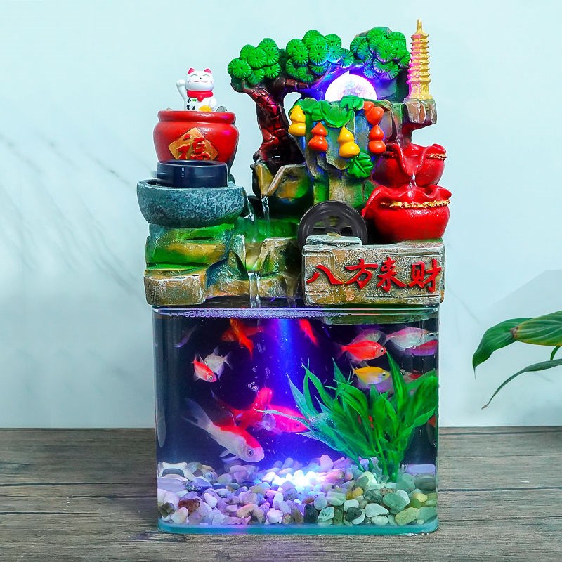 送水草大鱼缸假山流水风水轮摆件乔迁客厅养鱼P喷泉装饰开业送礼