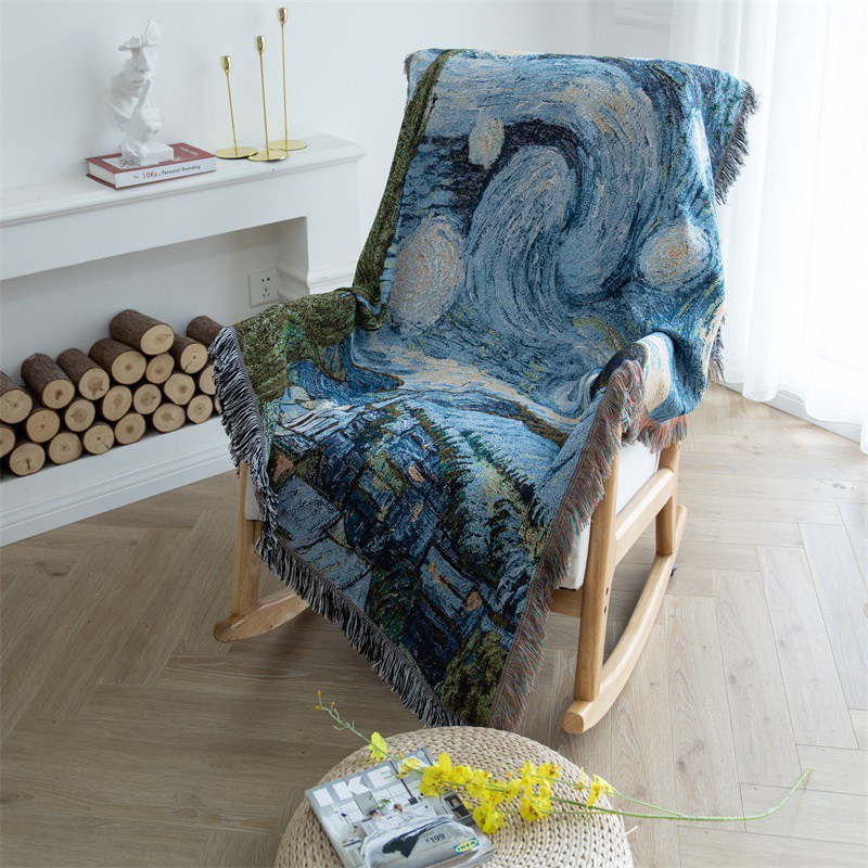 出口外贸梵高油画装饰挂毯沙发y罩靠背巾星空盖巾地毯沙发盖布坐