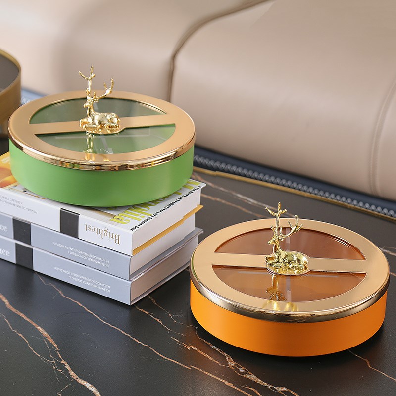 可旋转金属金鹿多层绿橙色水果盘客厅家用茶几分格U干果零食糖果