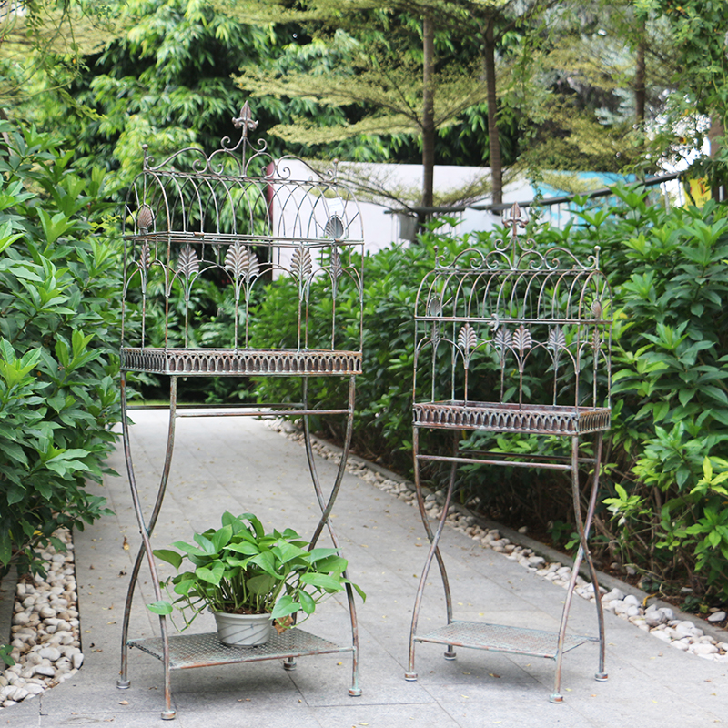 复古做旧铁艺落地鸟笼植物托盘花架绿萝多肉摆放支V架花园别墅装