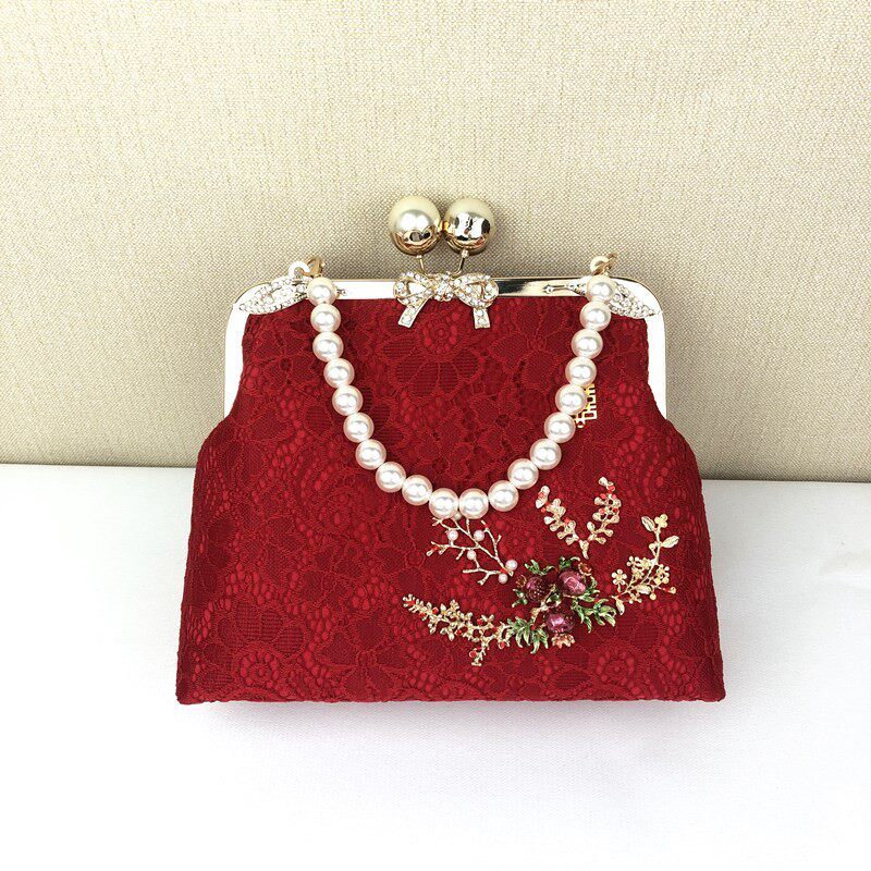婚庆新娘包 大红色结婚手提包 蕾丝C单肩斜跨口金包diy材料包成品