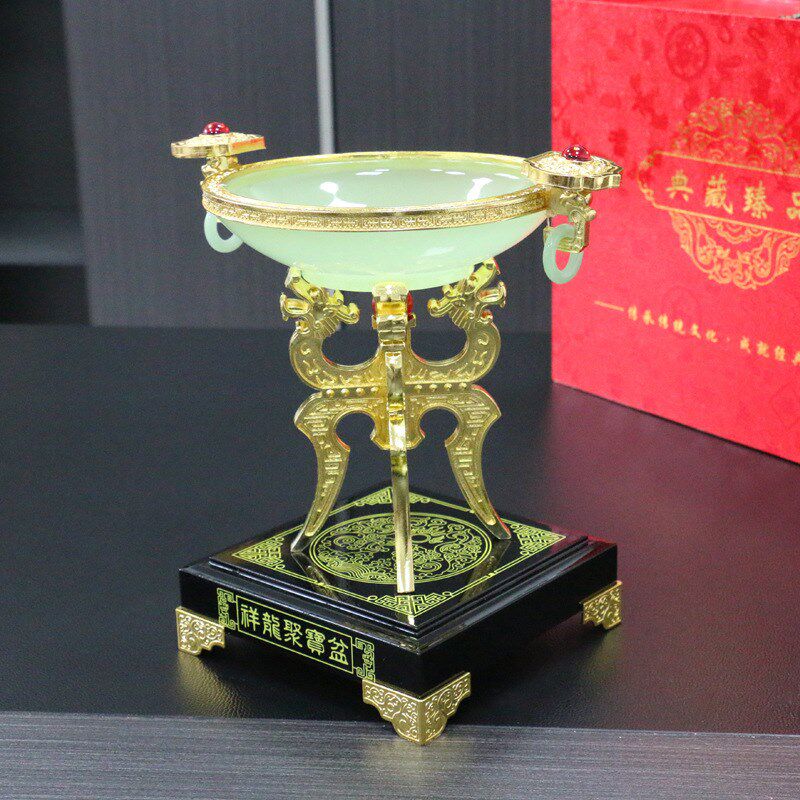 琉璃玉祥龙聚宝盆工艺品r摆件办公室装饰书架桌面摆设开业商务送