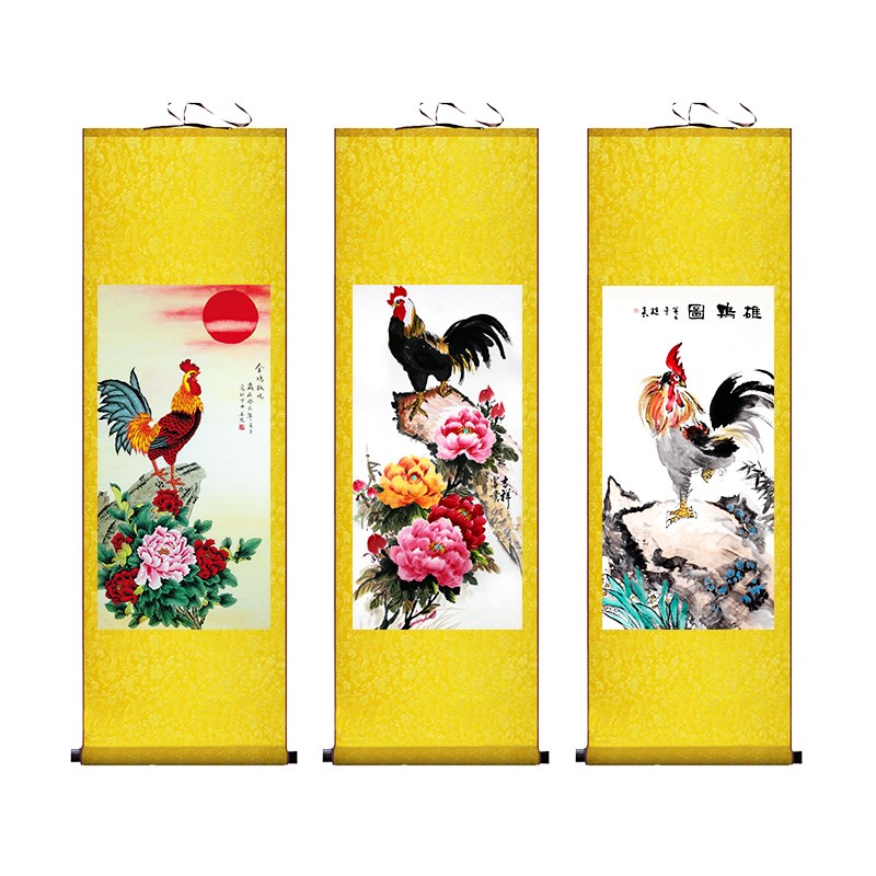 现货速发报晓图丝绸卷轴挂画富贵吉祥画生肖鸡客厅家居装饰画图片