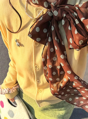 棕色法式复古波点丝巾印花高级脖女气质新款领巾百搭发带长条围巾