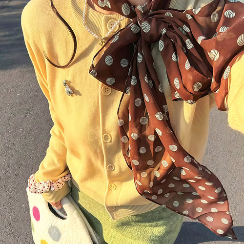 棕色法式复古波点丝巾印花领巾