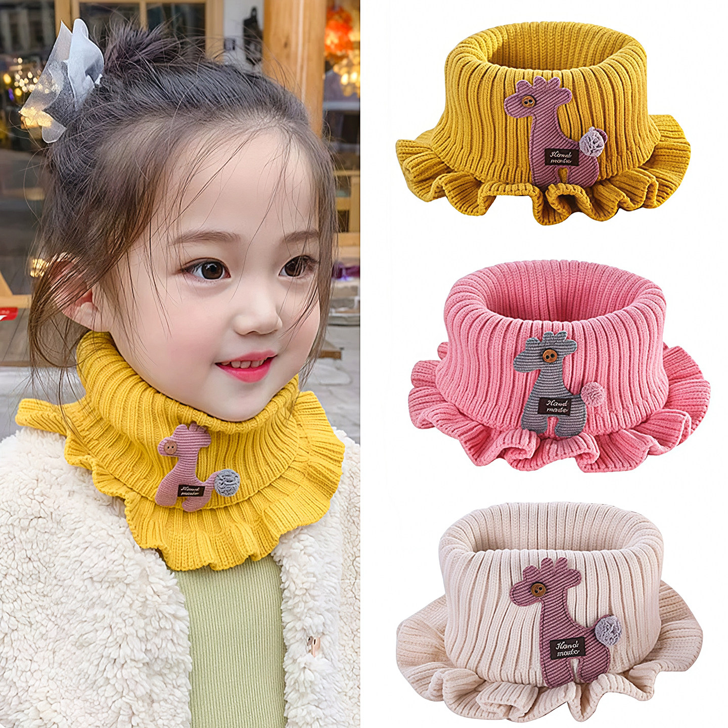儿童毛线针织围脖冬季防寒保暖宝宝休闲脖套男童女孩小鹿卡通套脖
