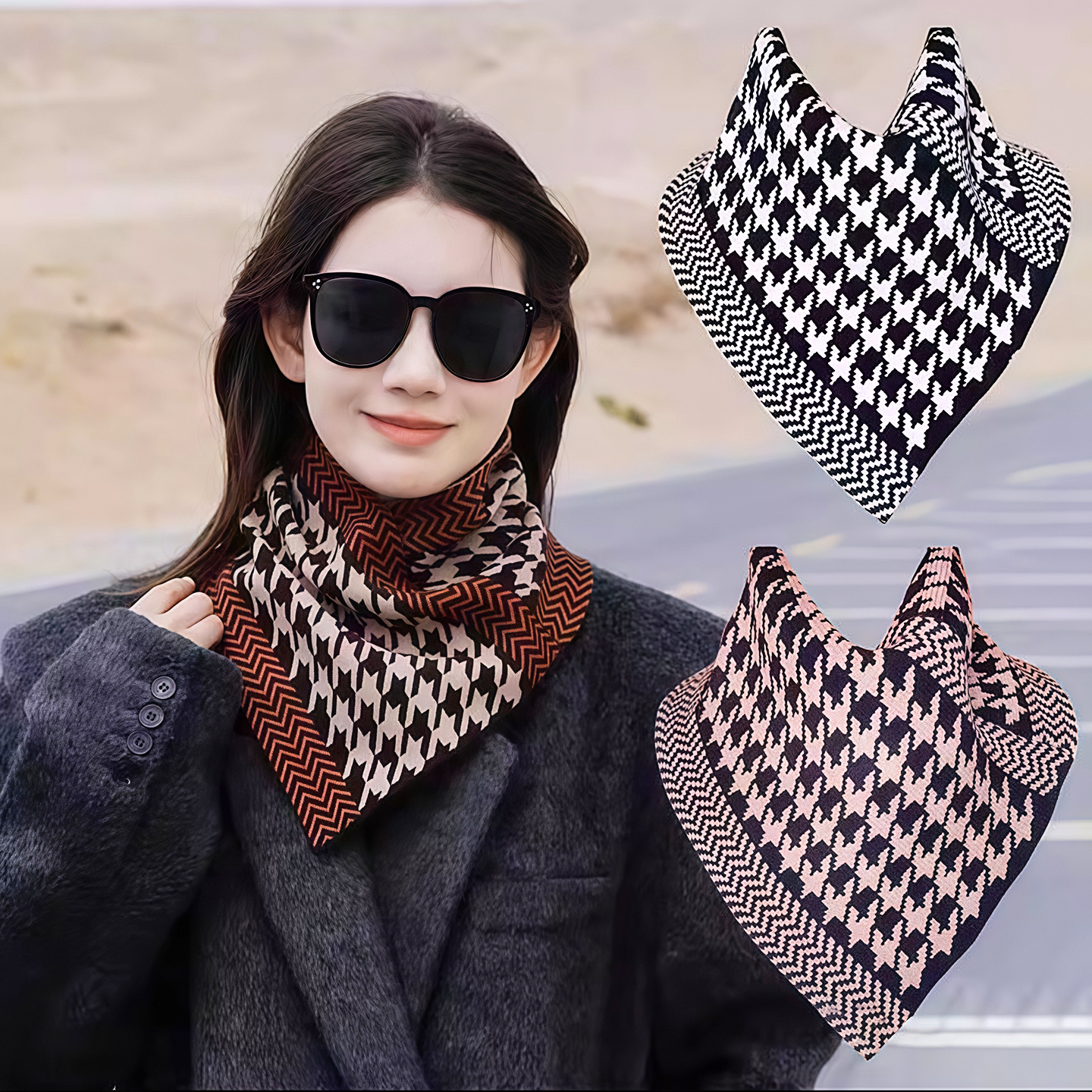 三角围巾围脖时尚千鸟格脖套