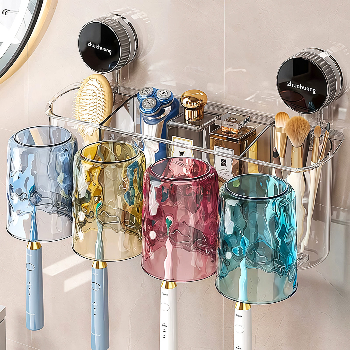 吸盘牙刷置物架高颜值壁挂式免打孔牙刷架新款卫生间刷牙杯漱口杯