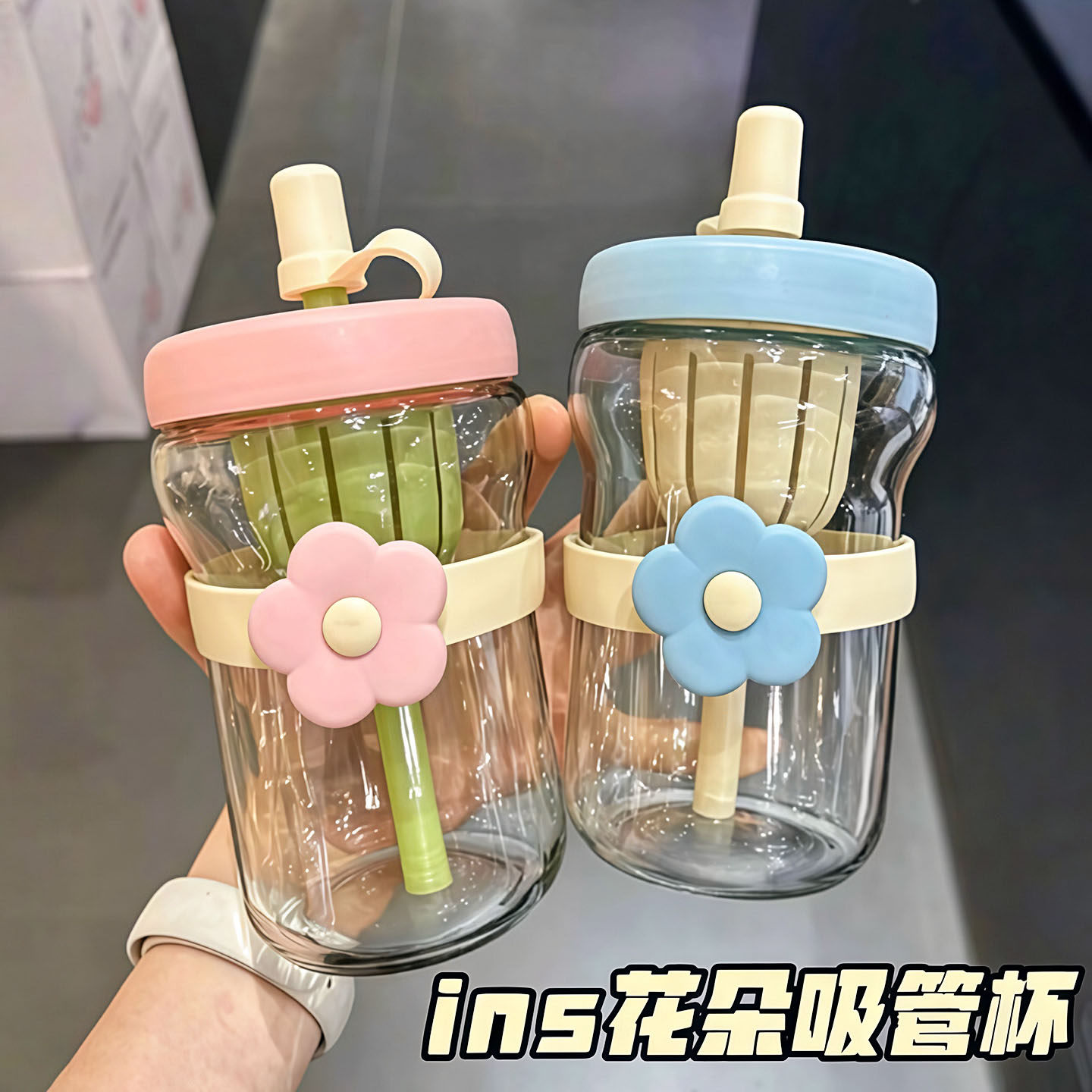 花朵玻璃吸管杯茶水分离伴手礼