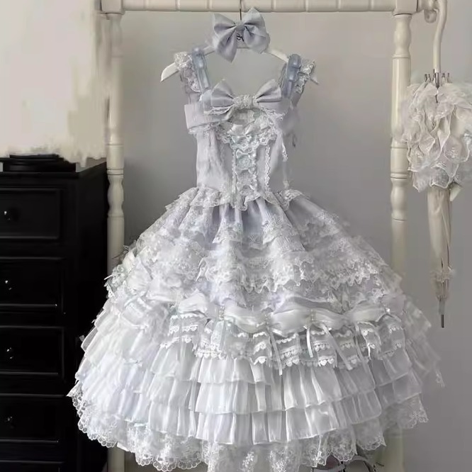 缘结恋曲蓝Lolita重工刺绣甜美华丽花嫁洋装吊带连衣裙jsk成人礼