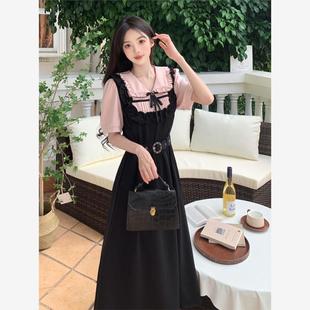 连衣裙复古假两件拼接连衣裙显瘦减龄甜美蝴蝶结长裙背带裙子 大码