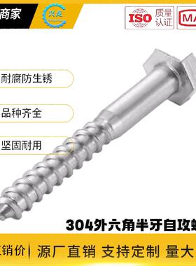 304不锈钢半牙外六角自攻螺丝DIN571尖头螺栓HA超长木牙螺钉