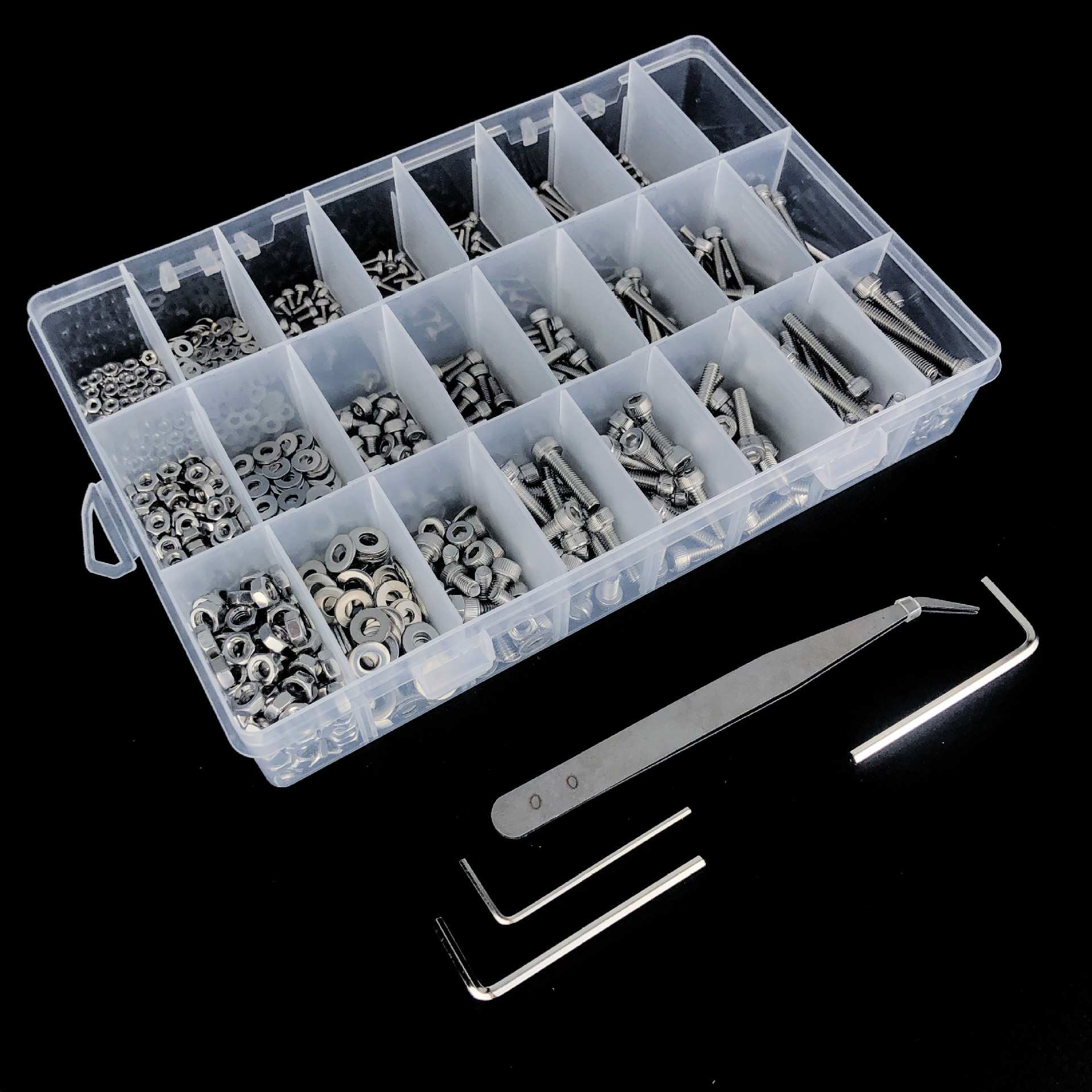 1080pcs M2 M3 M4 不锈钢304内六角杯头螺丝螺母平垫扳手工具组合图片